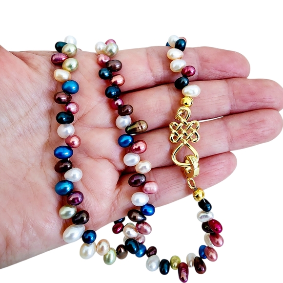 Multi Color Pearl Necklace Eternal Love Knot 18k Gold Plate Clasp A0365 Q7 - Picture 3 of 9
